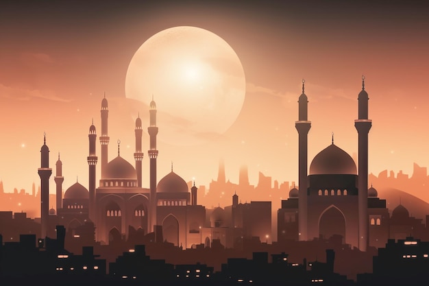 A cityscape with a mosque and the sun behind it Islamic background Ramadhan background