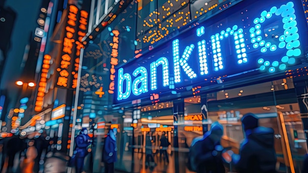 Cityscape with neon banking sign reflecting on the street