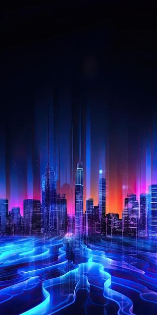 A cityscape with a neon city in the background