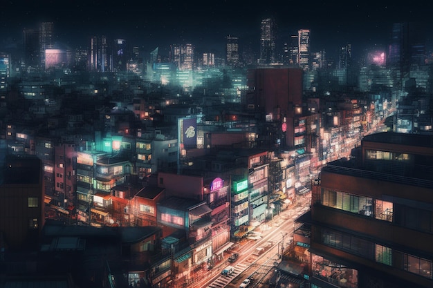 A cityscape with a neon sign that says ramen.