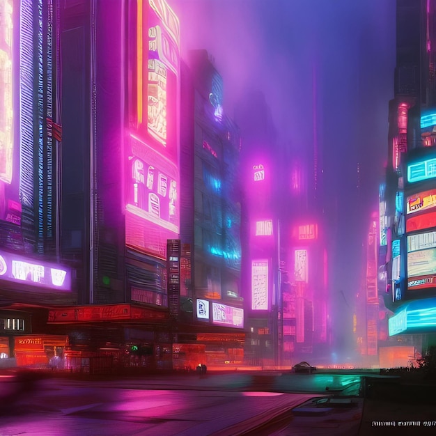 A cityscape with neon signs that say'cyberpunk '