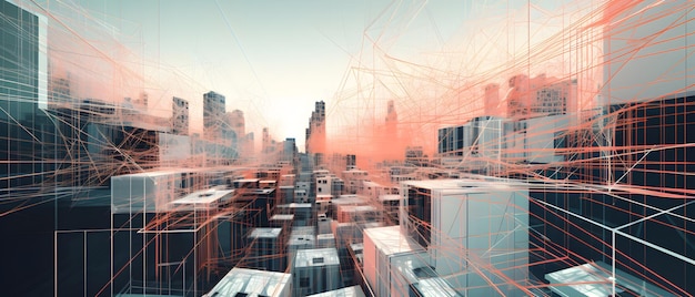 A cityscape with a network of buildings and a digital image of a cityscape.