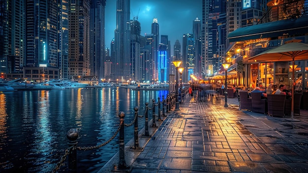 a cityscape with a pier and a city in the background