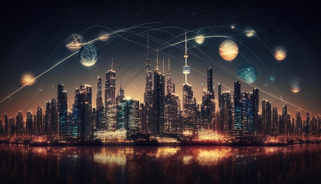 A cityscape with planets and a cityscape in the background