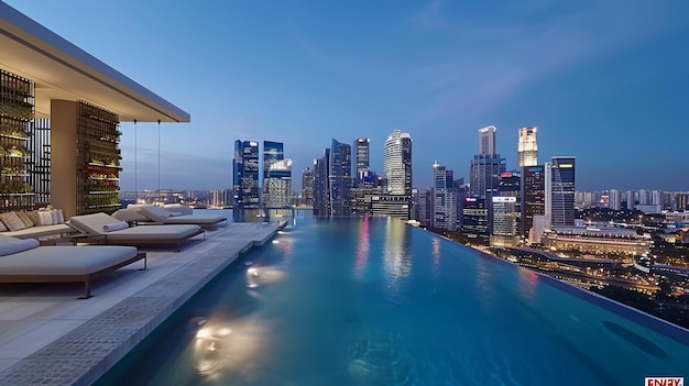 Photo a cityscape with a pool and the city skyline in the background