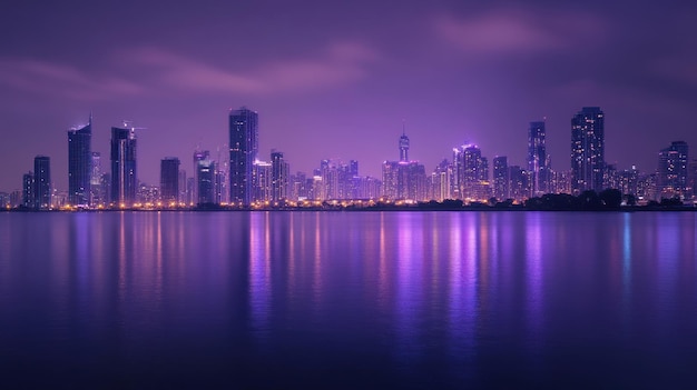 Cityscape with purple sky at night