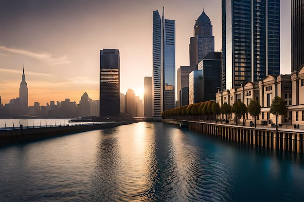 A cityscape with a river and a building with a clock on it