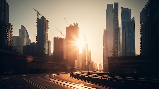 A cityscape with a road that has the sun setting behind it