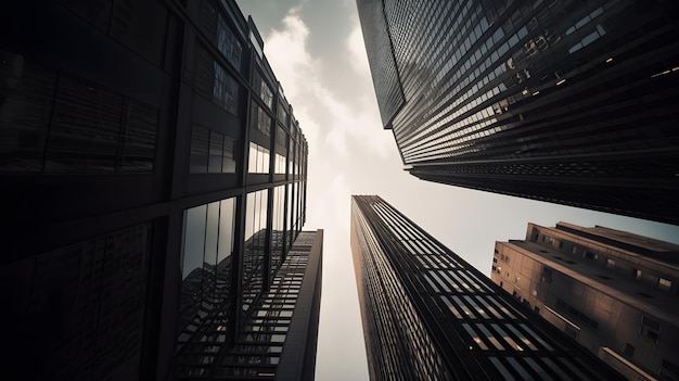 A cityscape with a sky background and a building with a lot of windows.