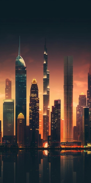 A cityscape with a sky background and the words dubai on the bottom.