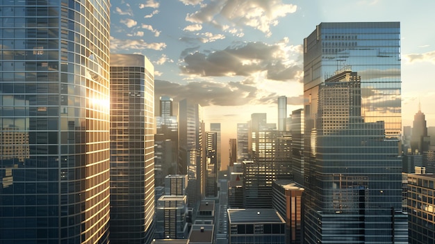 a cityscape with a sky and clouds in the background