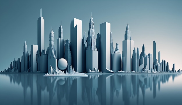 A cityscape with a skyscraper and a blue background.