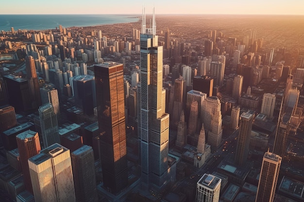 A cityscape with a skyscraper in the foreground and the chicago skyline in the background.