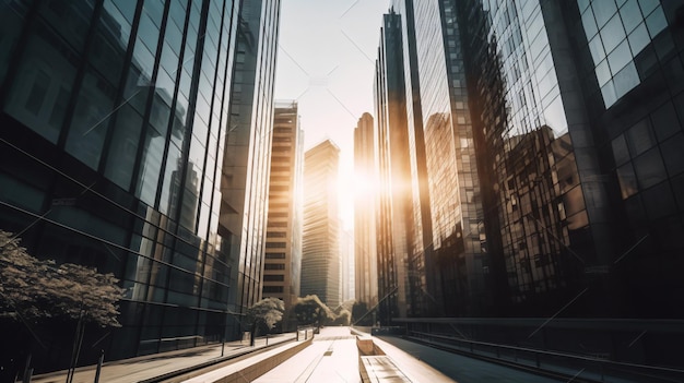 A cityscape with a skyscraper and the sun shining on it