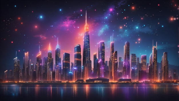 A cityscape with skyscrapers adorned in vibrant colorful lights against a dark and starry backdrop