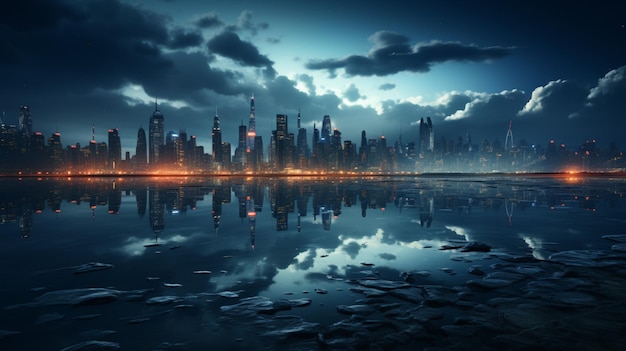 cityscape with skyscrapers in blue and dark at night