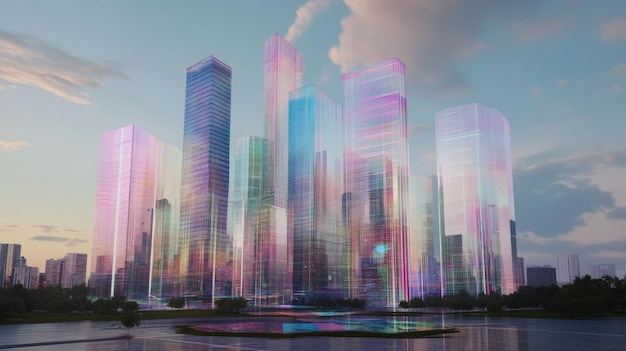 Cityscape with skyscrapers in digital glitch effect