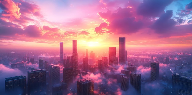 Photo cityscape with skyscrapers piercing the pink clouds at sunset