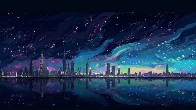 A cityscape with a starry sky and a cityscape.