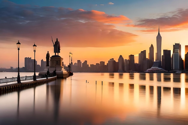 A cityscape with a statue of liberty in the foreground.