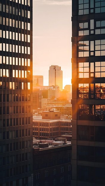 Photo a cityscape with the sun setting behind a cityscape