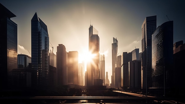 A cityscape with the sun shining through the clouds