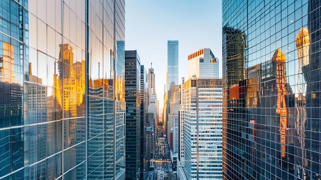 Cityscape with sunlight reflecting off the glass facades of skyscrape