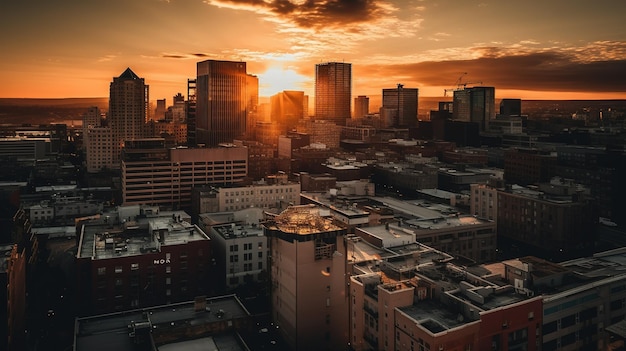 A cityscape with a sunset in the background