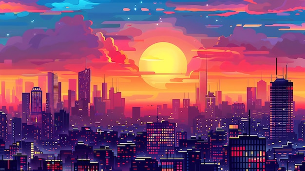 a cityscape with a sunset and a city in the background