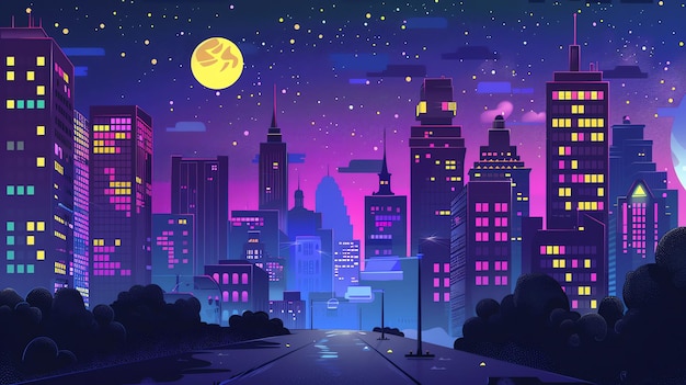 Photo a cityscape with tall buildings with glowing windows and a bright yellow moon in a purple sky