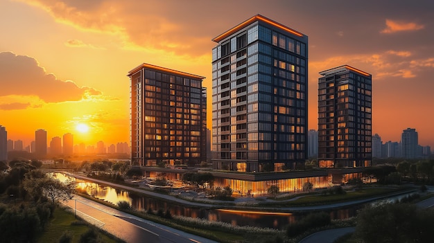 A cityscape with three tall buildings and a river in the background The buildings are lit up at night creating a warm and inviting atmosphere