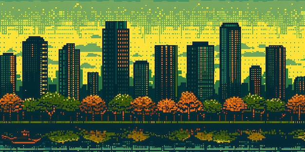 a cityscape with trees and a river in the background