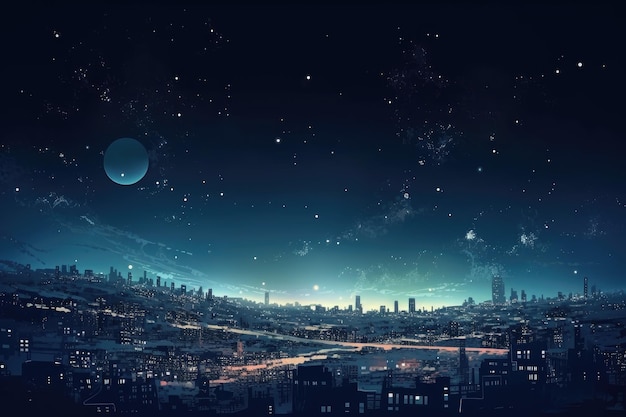 Cityscape with view of the starry night sky and distant planets created with generative ai