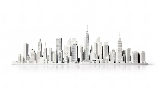 A cityscape with a white background and a reflection of the city.