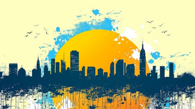 Cityscape with Yellow Sun and Blue Watercolor Splashes