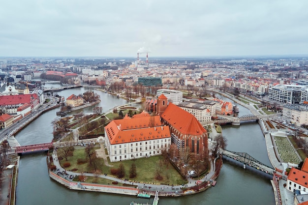 Cityscape of wroclaw panorama in poland aerial view