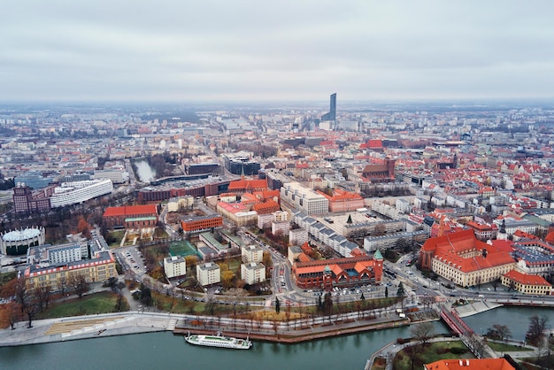 Cityscape of wroclaw panorama in poland aerial view