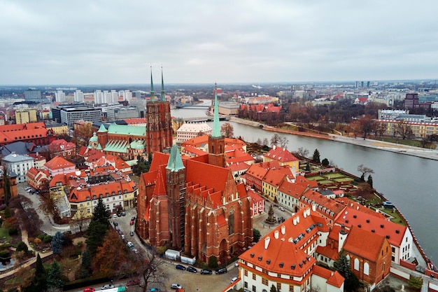 Cityscape of wroclaw panorama in poland aerial view