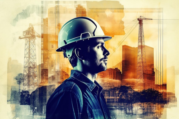 Civil engineer architect multiexposure with the background of the future building Generative AI illustration