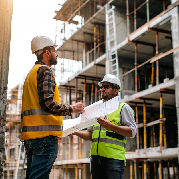 Civil engineer inspects the structure at the construction site against the blueprint