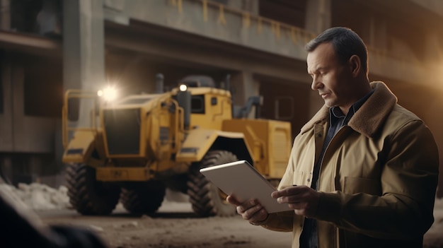 civil engineer looking at tablet at construction site