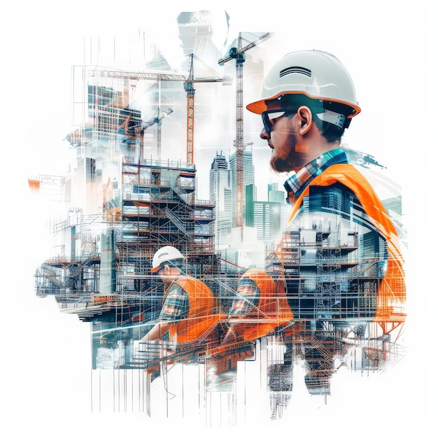 Civil engineer portrait hardhat helmet double exposure construction building on white background