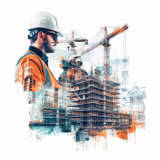 Civil engineer portrait hardhat helmet double exposure construction building on white background