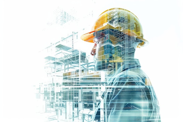 Civil engineer portrait hardhat helmet double exposure construction building on white background