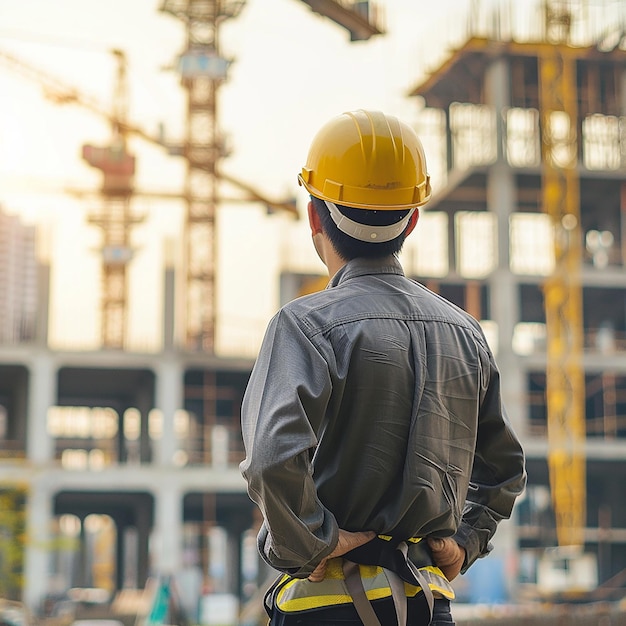 A civil engineer stands looking at the construction site Generative AI