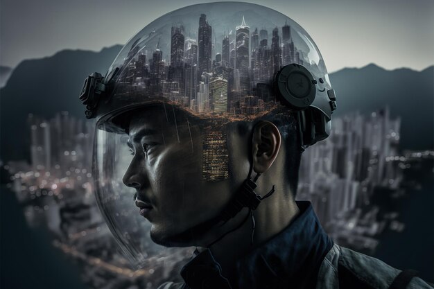 Civil engineering portrait engineer wearing helmet with wondrous double exposure