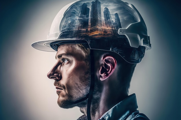 Civil engineering portrait engineer wearing helmet with wondrous double exposure