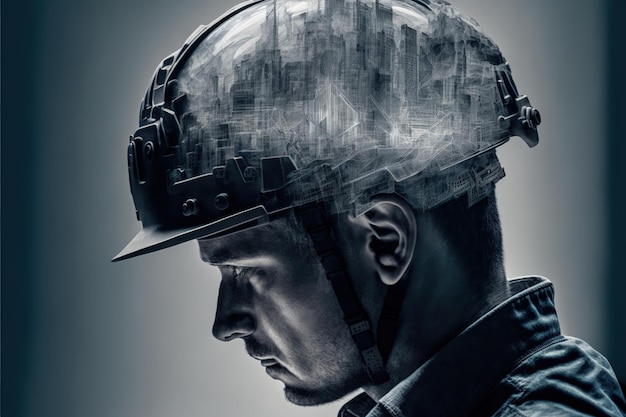 Civil engineering portrait engineer wearing helmet with wondrous double exposure