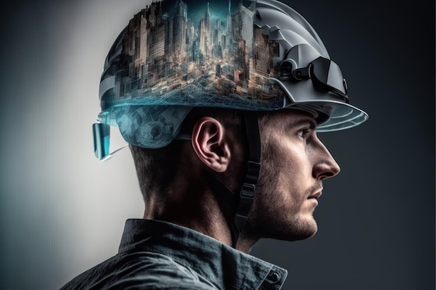 Civil engineering portrait engineer wearing helmet with wondrous double exposure