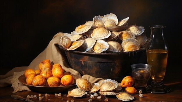 Clams clam shells on table oil painting dark background